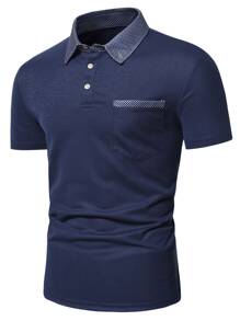 Manfinity Homme Áo thun có cổ Nam Túi Nút phía trước Chấm bi Công việc - Màu xanh hải quân - Xem 1