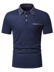 Manfinity Homme Áo thun có cổ Nam Túi Nút phía trước Chấm bi Công việc - Màu xanh hải quân - Xem 3