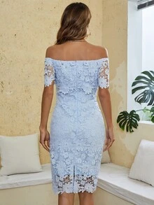 Eilly Bazar Off The Shoulder Guipure Lace Slit Hem Dress - Baby Blue - View 2