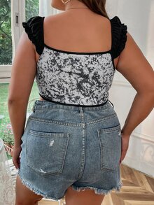 大碼紮染扣眼繫帶木耳邊短款上衣 - 彩色 - 查看 2