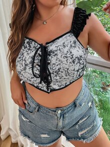 大碼紮染扣眼繫帶木耳邊短款上衣 - 彩色 - 查看 5