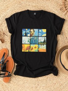 SHEIN LUNE 大碼圖案小圓領T恤 - 黑色 - 查看 1