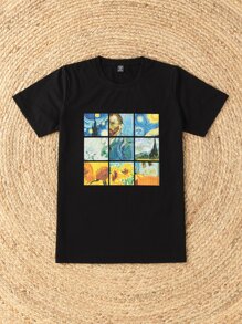 SHEIN LUNE 大碼圖案小圓領T恤 - 黑色 - 查看 5