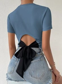 SHEIN Privé Tie Back Rib Knit Top Graphic Tees Women Tops - Dusty Blue - View 1