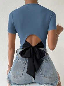 SHEIN Privé Tie Back Rib Knit Top Graphic Tees Women Tops - Dusty Blue - View 5
