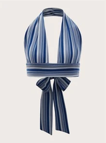 Soleia Striped Tie Back Crop Halter Top - Blue - View 1