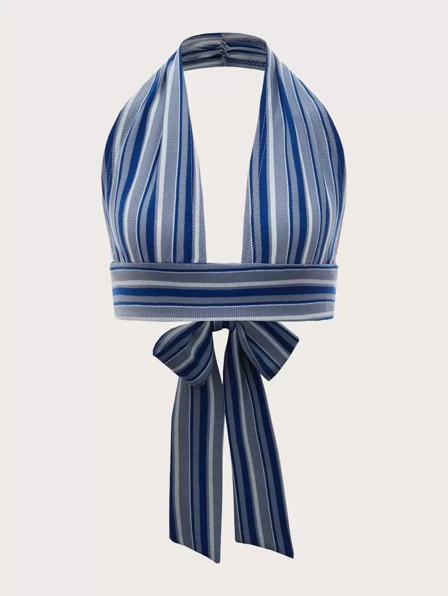 Soleia Striped Tie Back Crop Halter Top - Blue - View 1