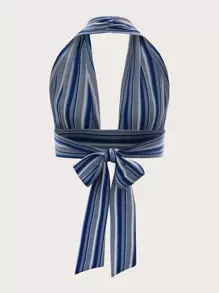 Soleia Striped Tie Back Crop Halter Top - Blue - View 2