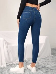 SHEIN 孕妇紧身七分牛仔裤 妈妈牛仔裤 - 中等水洗藍 - 查看 2