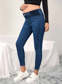 SHEIN 孕妇紧身七分牛仔裤 妈妈牛仔裤 - 中等水洗藍 - 查看 3