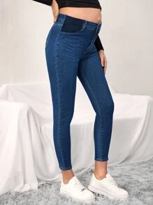 SHEIN 孕妇紧身七分牛仔裤 妈妈牛仔裤 - 中等水洗藍 - 查看 4