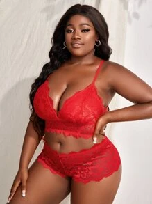 Plus Floral Lace Lingerie Set - Red - View 1