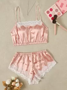 Satin Lace Cami Top & Shorts Lingerie Set - Baby Pink - View 1