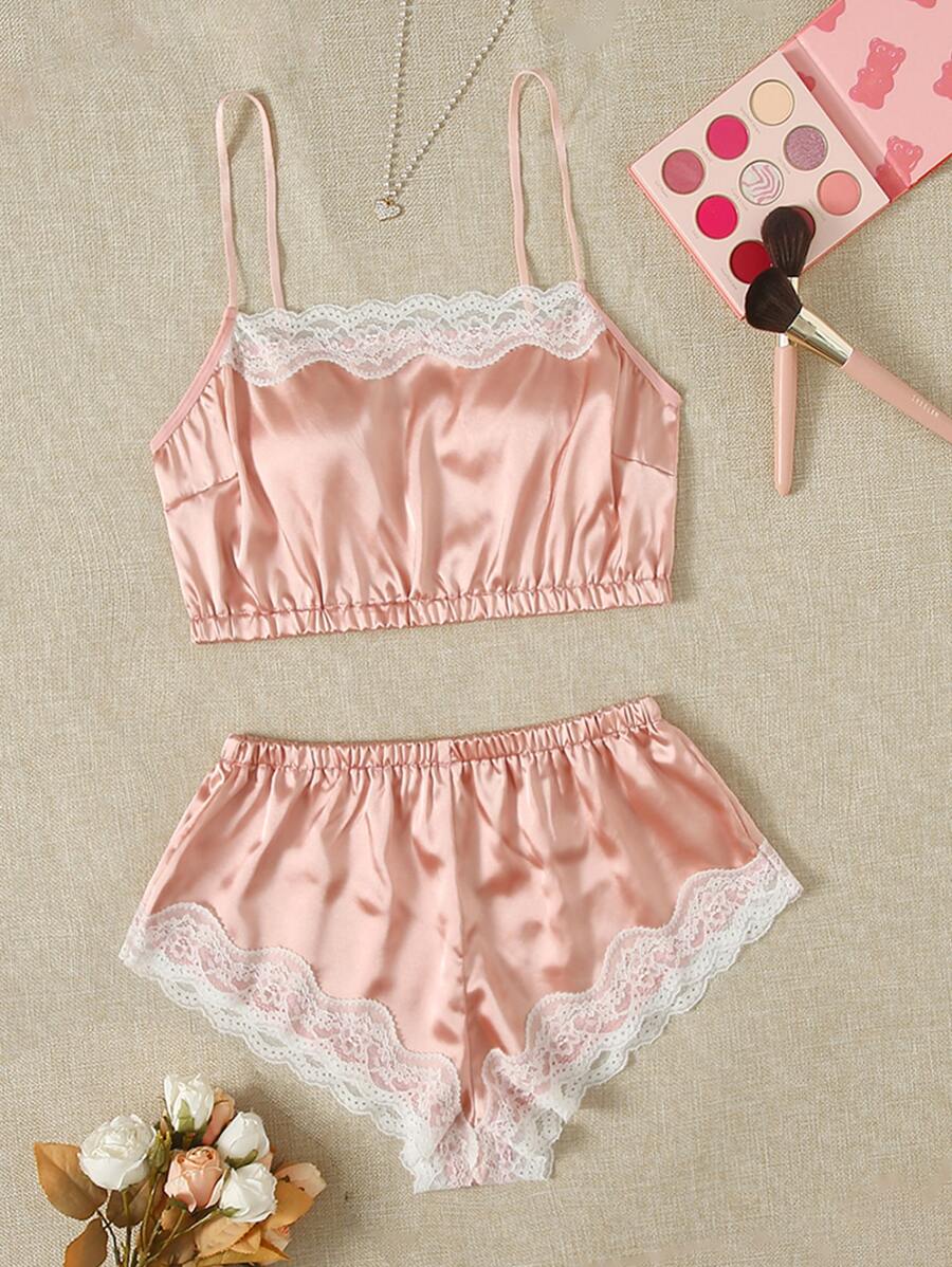 Satin Lace Cami Top & Shorts Lingerie Set - Baby Pink - View 1
