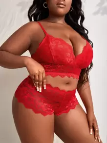 Plus Floral Lace Lingerie Set - Red - View 4