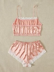Satin Lace Cami Top & Shorts Lingerie Set - Baby Pink - View 2