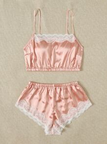 Satin Lace Cami Top & Shorts Lingerie Set - Baby Pink - View 3