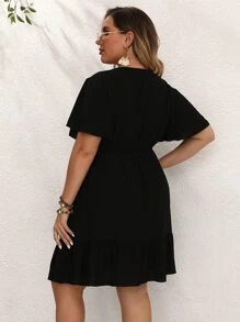 SHEIN LUNE Đầm Plus Size Viên lá sen màu trơn Giải trí - màu đen - Xem 2