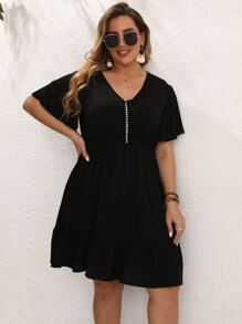 SHEIN LUNE Đầm Plus Size Viên lá sen màu trơn Giải trí - màu đen - Xem 3