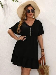 SHEIN LUNE Đầm Plus Size Viên lá sen màu trơn Giải trí - màu đen - Xem 4