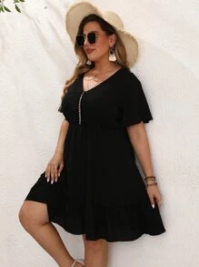 SHEIN LUNE Đầm Plus Size Viên lá sen màu trơn Giải trí - màu đen - Xem 6