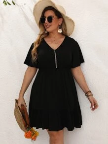 SHEIN LUNE Đầm Plus Size Viên lá sen màu trơn Giải trí - màu đen - Xem 7