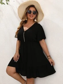 SHEIN LUNE Đầm Plus Size Viên lá sen màu trơn Giải trí - màu đen - Xem 8