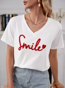 RueChic T-shirt a goccia con motivo a cuori e lettere, top estivi per le vacanze