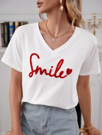 Heart & Letter Pattern Drop Shoulder Tee Summer Tops Vacation Clothes