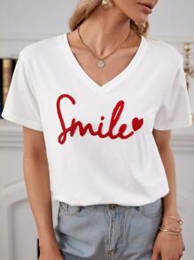 RueChic T-shirt a goccia con motivo a cuori e lettere, top estivi per le vacanze