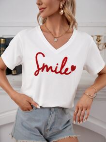 RueChic T-shirt a goccia con motivo a cuori e lettere, top estivi per le vacanze