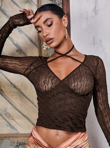 SHEIN BAE Áo nữ Hội Chữ thập cắt màu trơn Gợi cảm - Cà phê nâu - Xem 4