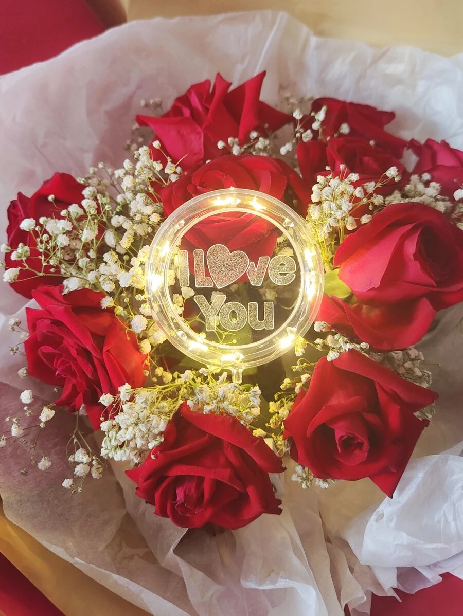 1pc Warm Light Valentine's Day Decoration Lamp, I Love You Letter Shaped Flower Bouquet Cake Decoration Lamp, Proposal Atmosphere Prop - Yellow - View 1