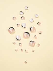 24 件时尚短方形指甲裸色黑白法式闪光按压指甲水晶指甲假指甲美甲套装可拆卸全覆盖持久耐用包括 1 片粘性标签和 1 个迷你锉刀脚趾甲美甲用品指甲 - 彩色 - 查看 4