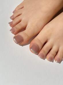 使用24入組短方形豆沙法式閃光假指甲和1入組指甲銼和1張膠帶打造迷人魅力 - 彩色 - 查看 1