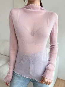 DAZY 荷叶边高领网纱无胸罩长袖女式上衣 - 淺粉色 - 查看 1