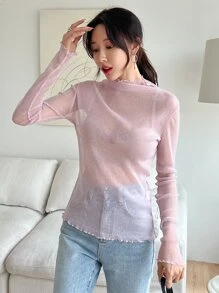 DAZY 荷叶边高领网纱无胸罩长袖女式上衣 - 淺粉色 - 查看 3