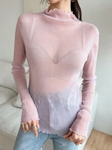 DAZY 荷叶边高领网纱无胸罩长袖女式上衣 - 淺粉色 - 查看 4