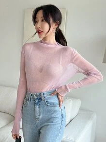 DAZY 荷叶边高领网纱无胸罩长袖女式上衣 - 淺粉色 - 查看 6