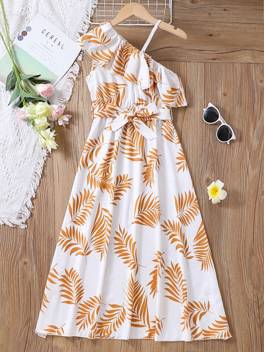 SHEIN 女孩熱帶圖案不對稱領荷葉邊繫腰帶連衣裙 - 白色 - 查看 1