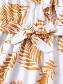 SHEIN 女孩熱帶圖案不對稱領荷葉邊繫腰帶連衣裙 - 白色 - 查看 4