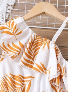 SHEIN 女孩熱帶圖案不對稱領荷葉邊繫腰帶連衣裙 - 白色 - 查看 5