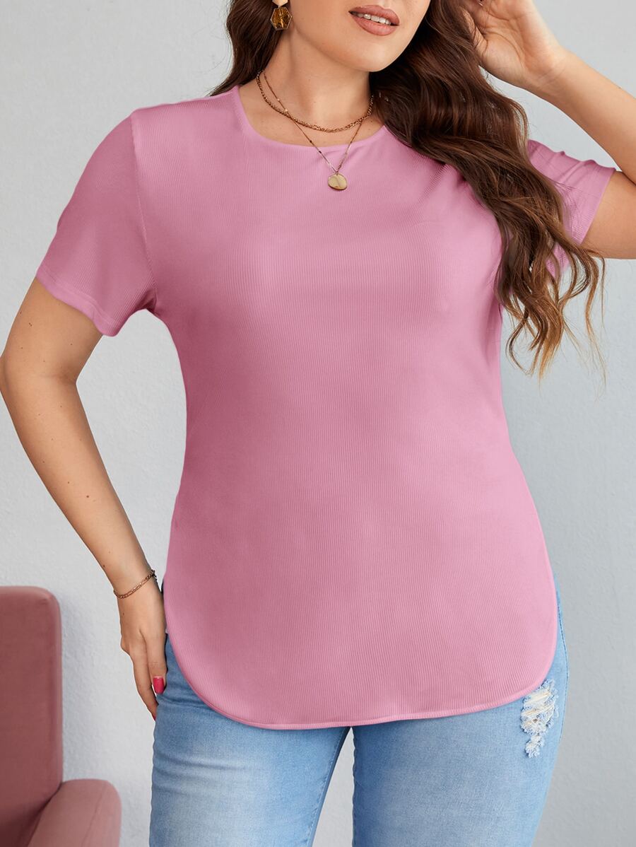 SHEIN Essnce Plus Solid Curved Hem Tee - Dusty Pink - View 1