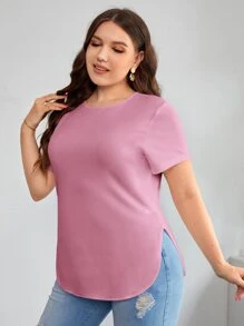 SHEIN Essnce Plus Solid Curved Hem Tee - Dusty Pink - View 3