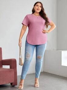 SHEIN Essnce Plus Solid Curved Hem Tee - Dusty Pink - View 5