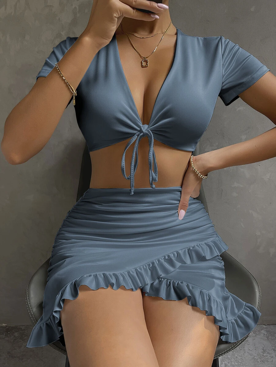 SHEIN SXY 素色前繫帶上衣和荷葉邊裙子套裝 - 霧霾藍 - 查看 1