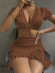 SHEIN Essnce 素色前繫帶上衣和荷葉邊裙子套裝 - 咖啡棕 - 查看 6
