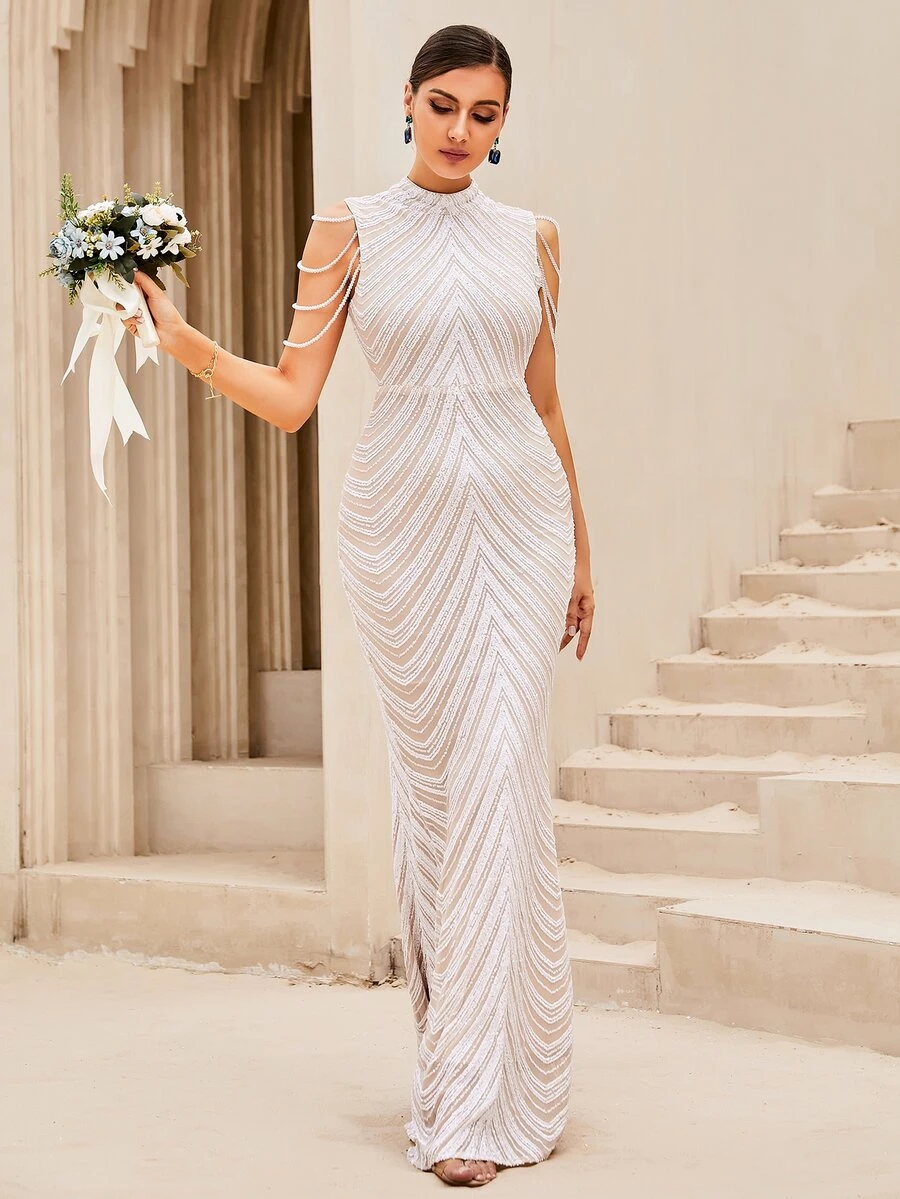 LOVE&LEMONADE Váy dạ hội đuôi cá đính hạt sequin tương phản màu trắng thanh lịch cho tiệc cưới, tốt nghiệp, tiệc tối - trắng - Xem 1