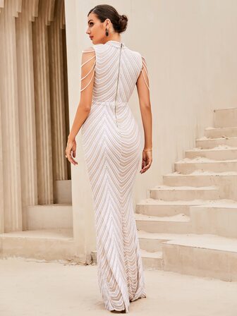 对比亮片串珠细节美人鱼下摆礼服白色优雅舞会晚会婚礼宾客礼服，适合毕业典礼、晚宴派对礼服