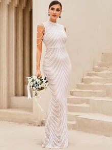 LOVE&LEMONADE Váy dạ hội đuôi cá đính hạt sequin tương phản màu trắng thanh lịch cho tiệc cưới, tốt nghiệp, tiệc tối - trắng - Xem 4